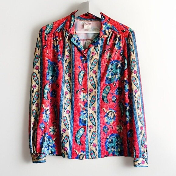 Vintage 80s Graff Womens Red Paisley Button Up‎ Long Sleeve Shirt Blouse Size 12 - Picture 1 of 10